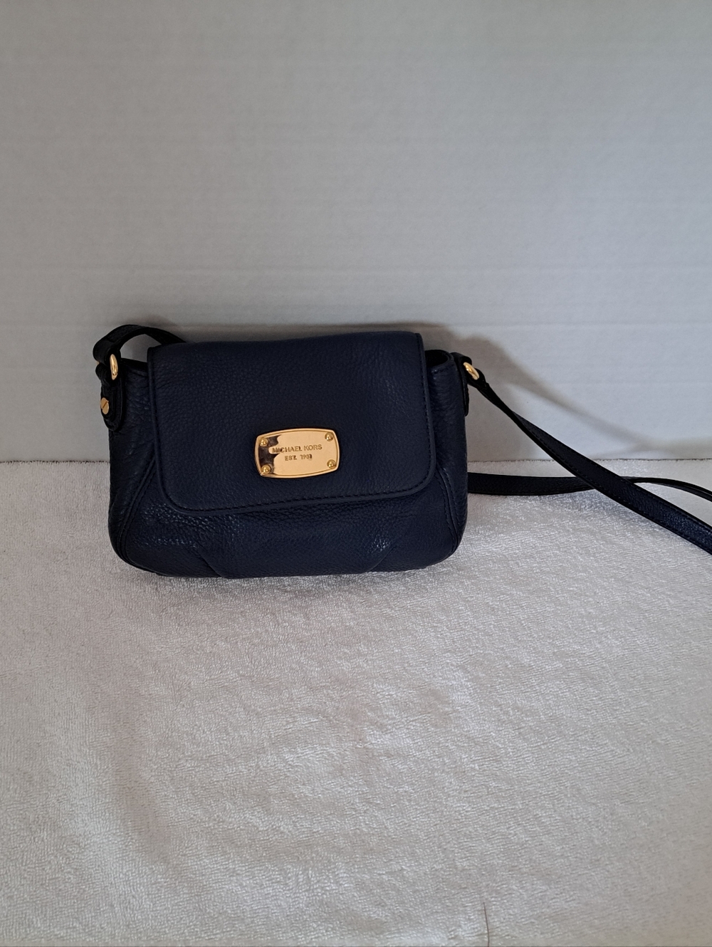 Michael Kors Navy Pebbled Leather Crossbody with Gold Plate